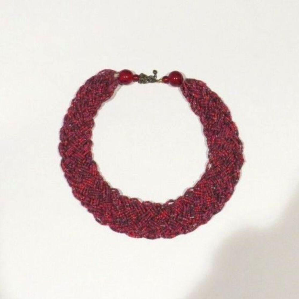 Vintage 90's Braided Seed Bead Multi-Strand Statement Collar Necklace Red EUC - Picture 4 of 4